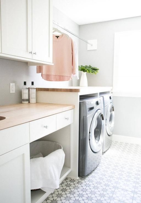 Natural Light Laundry Room } Wood Countertop Laundry Room | White Cabinets Laundry Room | Laundry Room Décor Ideas