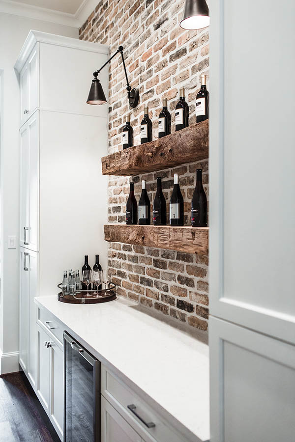 Built in wine bar ideas. Chicago brick backsplash. Built in wine bar kitchen.