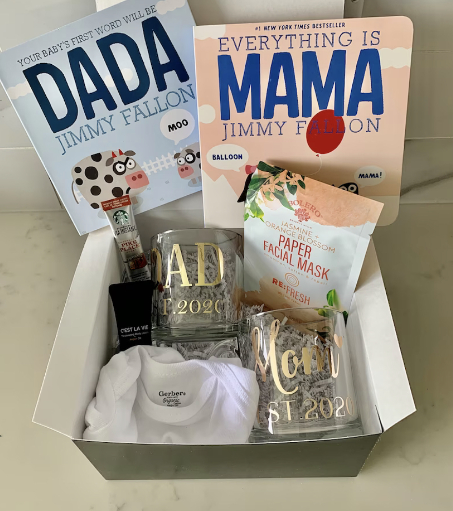 Pregnancy Gifts Est 2023-New Parents Gift Set Pregnancy Announcement-First  Time New Mom Basket for Baby Shower Gender Reveal-Mom & Dad Mugs, Decision