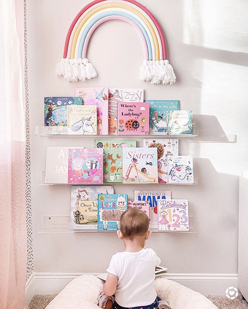 acrylic wall shelves for kids book storage in playroom