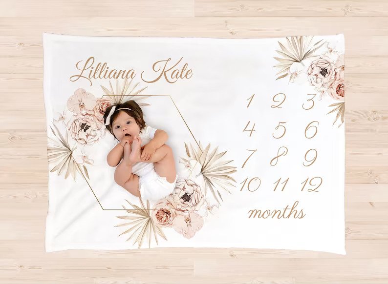 baby on milestone blanket for monthly baby pictures