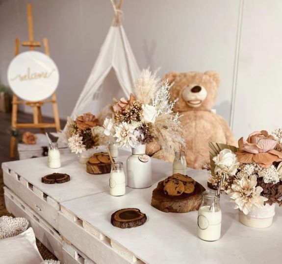 Teddy Bear Baby Shower Decorations for Boy Boho Tablecloth Backdrop  Balloons Arch Set We Can Bearly Wait Brown Blue Theme Party Decor Supplies