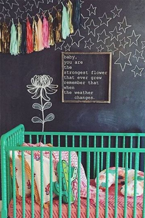 use chalkboard removable wallpaper to decorate a nursery without painting the walls