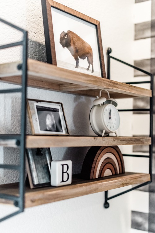 industrial metal and wood wall shelving