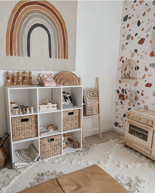 neutral organized kids playroom 