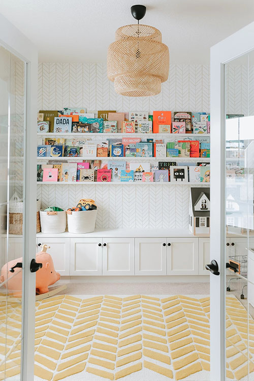 open and closed built in wall storage playroom