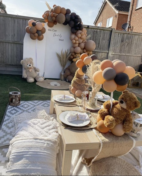 Teddy Bear Baby Shower Decorations for Boy Boho Tablecloth Backdrop  Balloons Arch Set We Can Bearly Wait Brown Blue Theme Party Decor Supplies