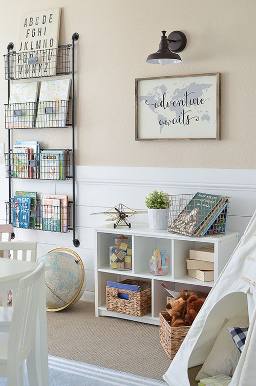 wire baskets for book storage in kids playroom